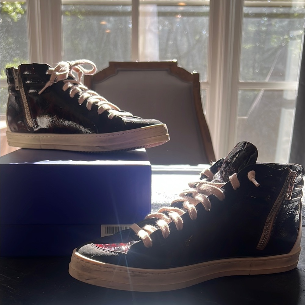 Glossy Burgundy High-Top Sneakers with Pink Laces